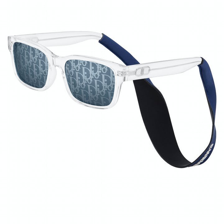 CD LINK S1U SUNGLASSES RECTANGULAR SHAPE IN SILVER METAL AND CRYSTAL ACETATE DIOR OBLIQUE BLUE LENSES NEOPRENE STRAP WITH CHRISTIAN DIOR INSCRIPTION.jpg